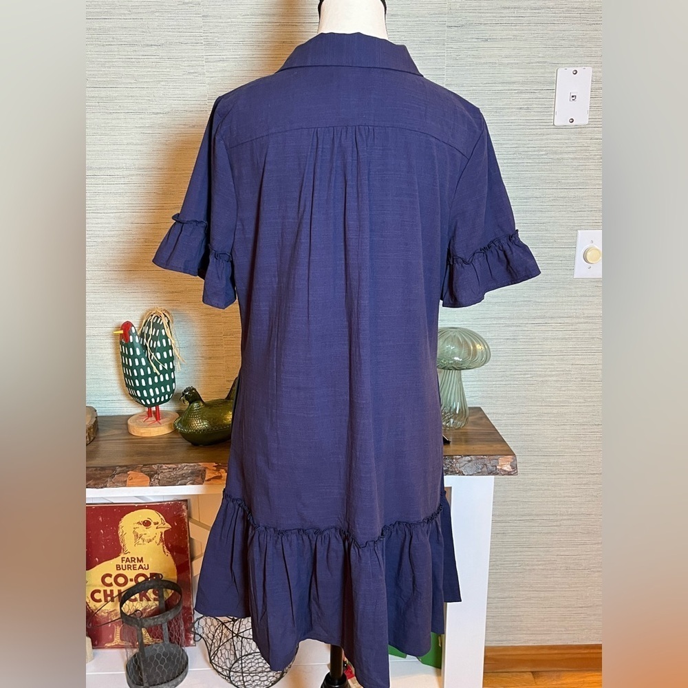 Merokeety Button Down Shirt Dress Ruffle Sleeve Shift Navy Blue Women Size S NWT - Picture 7 of 10